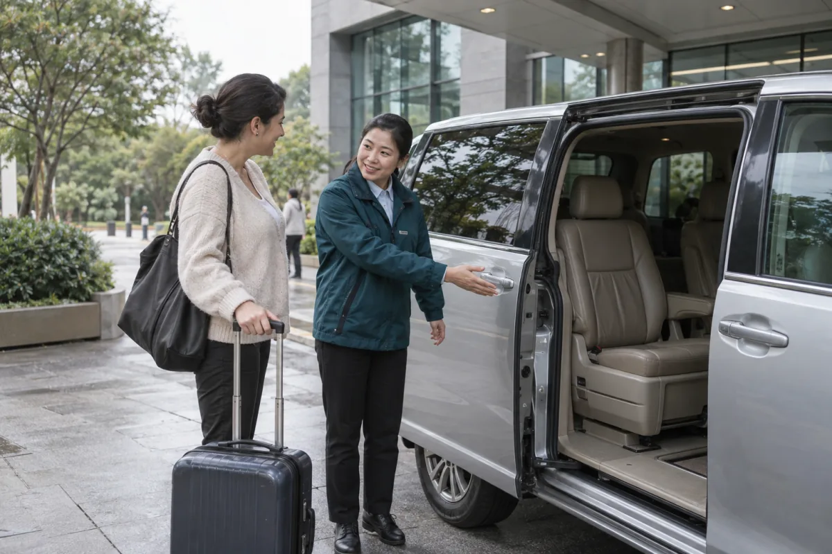 A coordinator welcoming a guest beside transport for an appointment