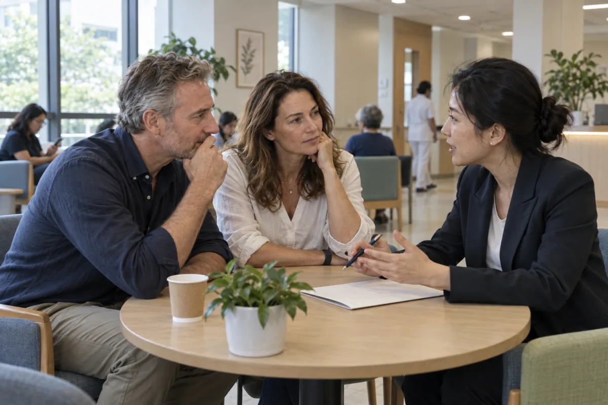 A care coordinator discussing a visit with international guests