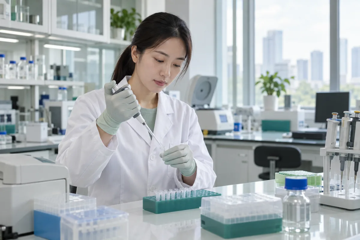 A laboratory professional working carefully with a sample