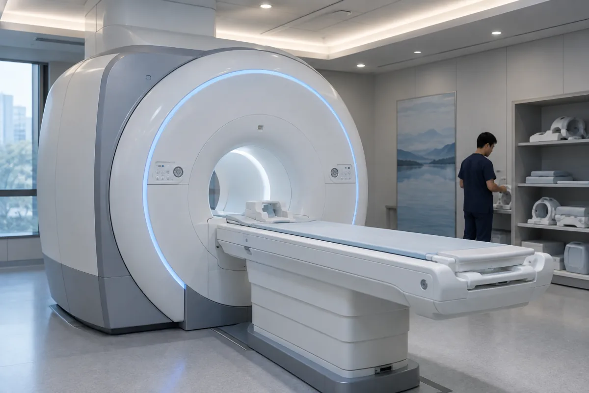 A modern MRI scanner in a spacious clinical examination suite