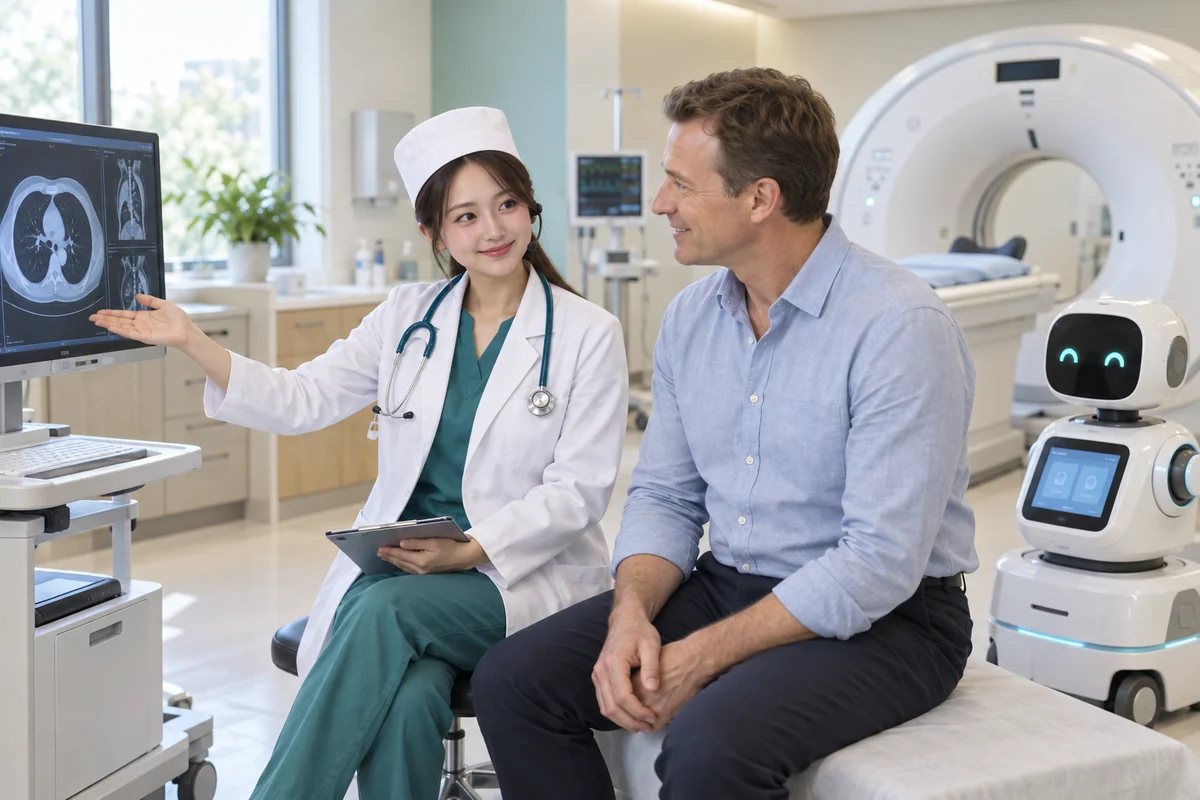 Illustrative scene of a Nebula Care colleague and an international guest with a service robot and modern CT equipment